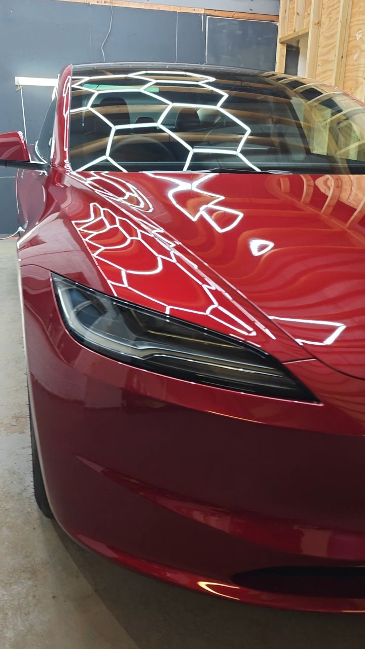 Red car hood ceramic coating deep reflection by MNM Details