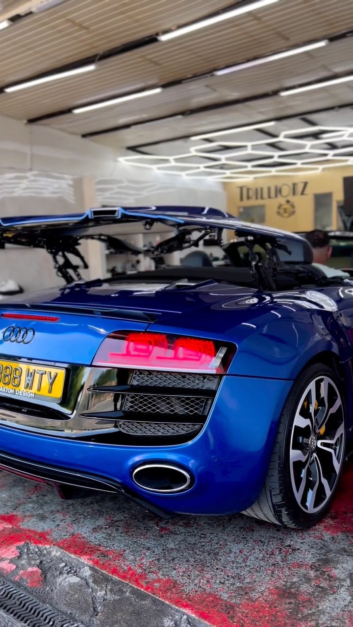 Blue Audi R8 V10 with bonnet open, ceramic detail in progress